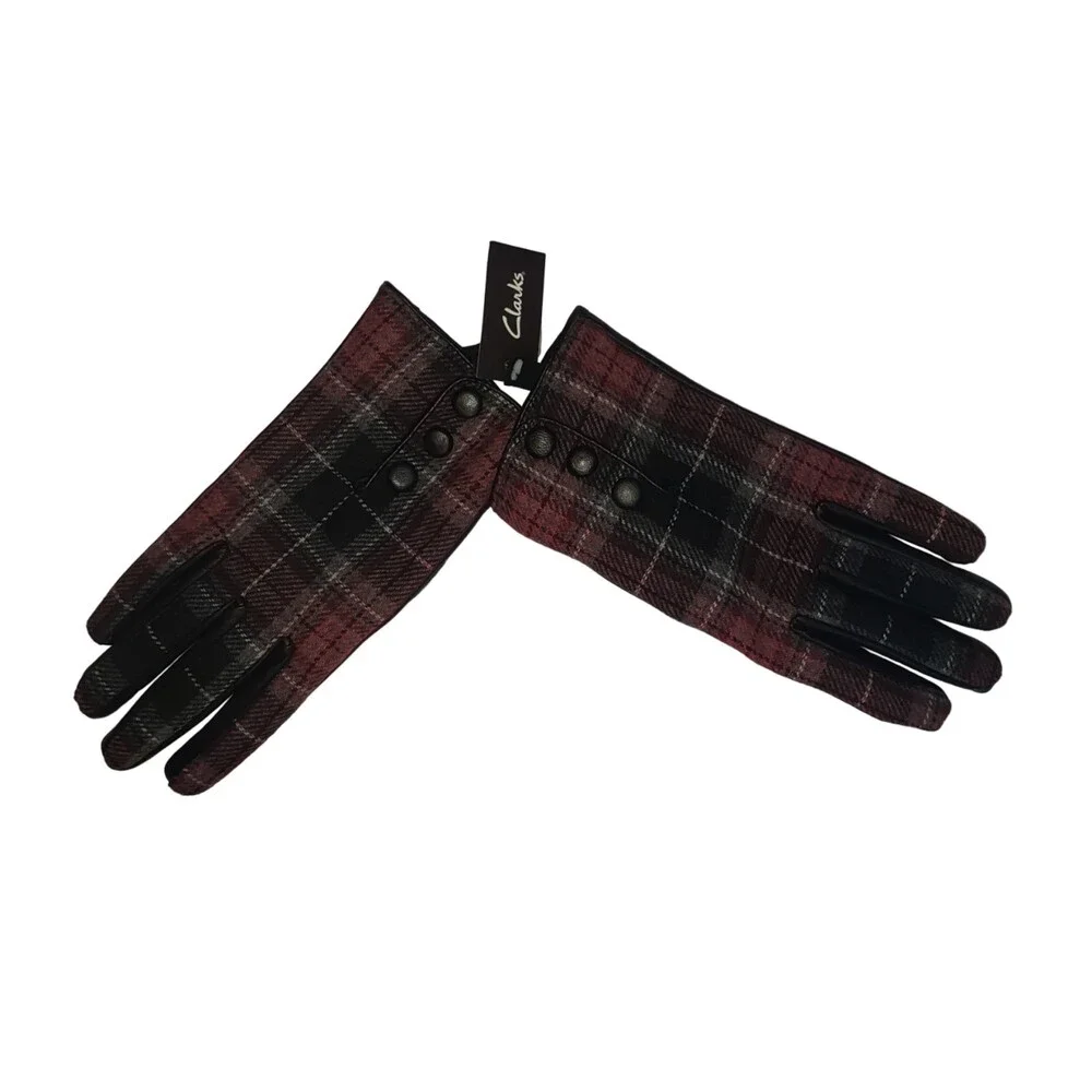CLARKS Red Plaid Leather Gloves NEW